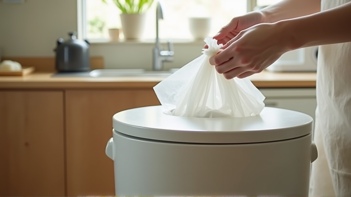 フタ付きゴミ箱に生ゴミを入れる手元