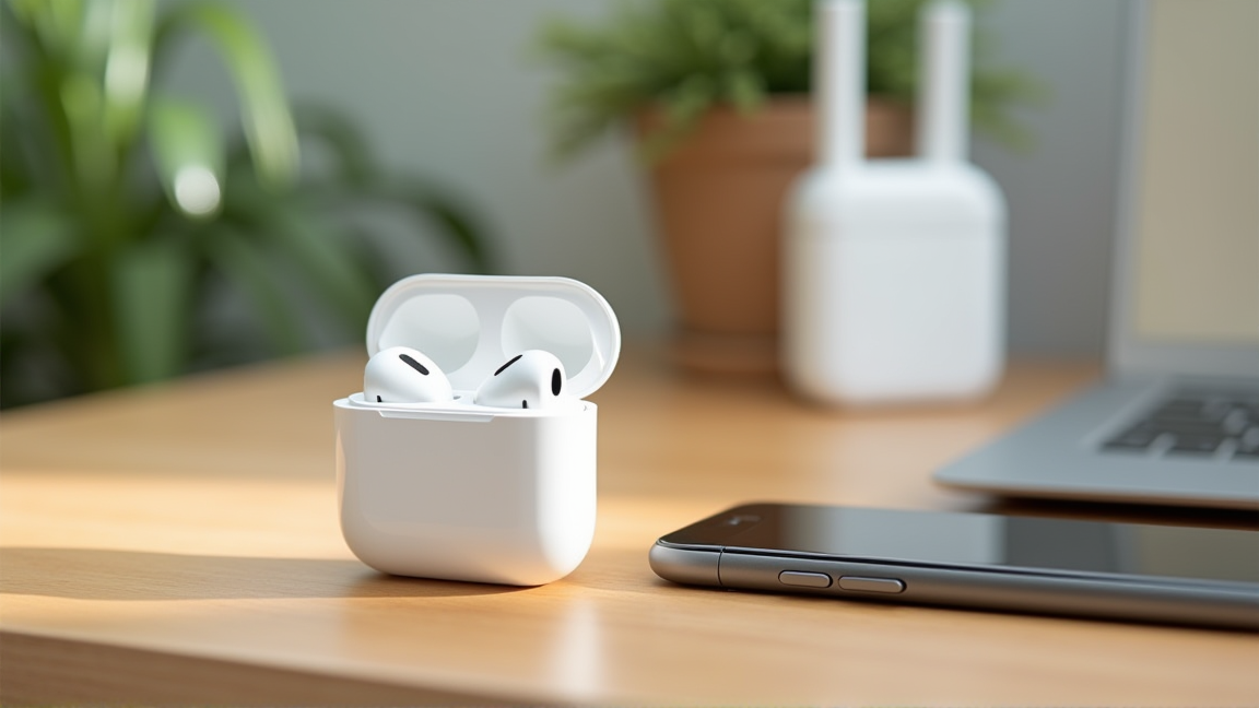 デスクに置かれたワイヤレスイヤホンとスマートフォン