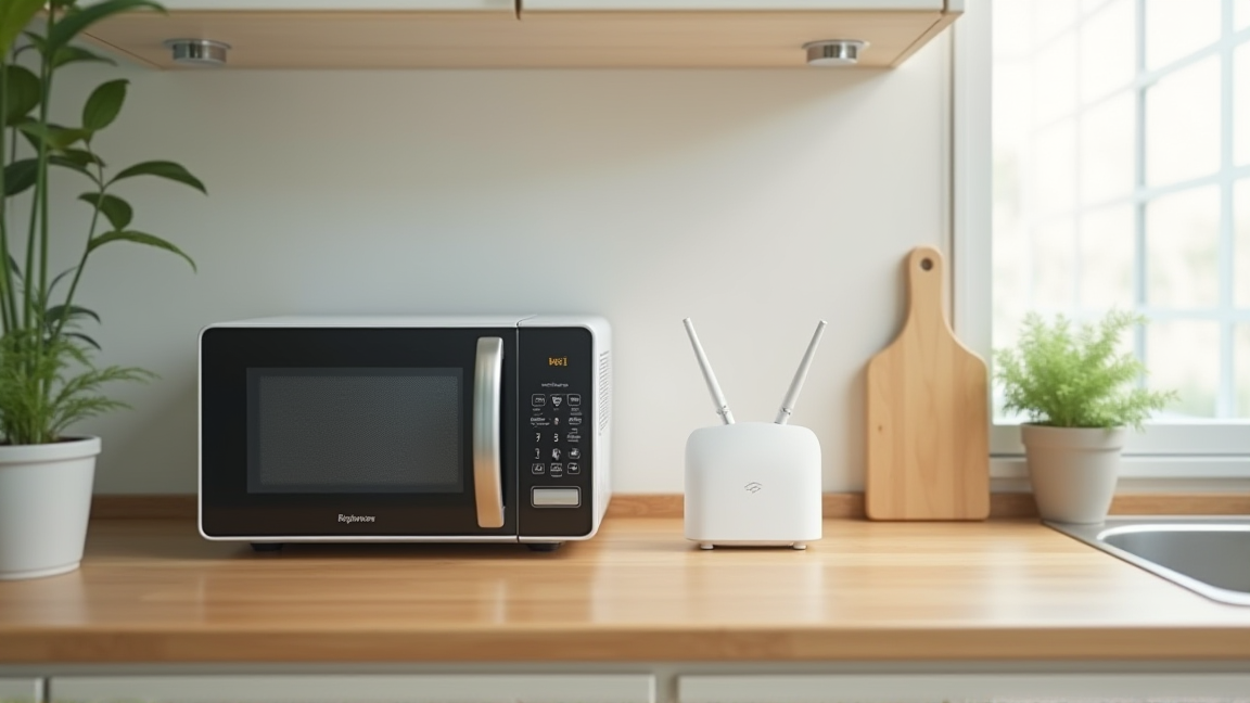 電子レンジとWi-Fiルーターが近くにあるキッチンカウンター