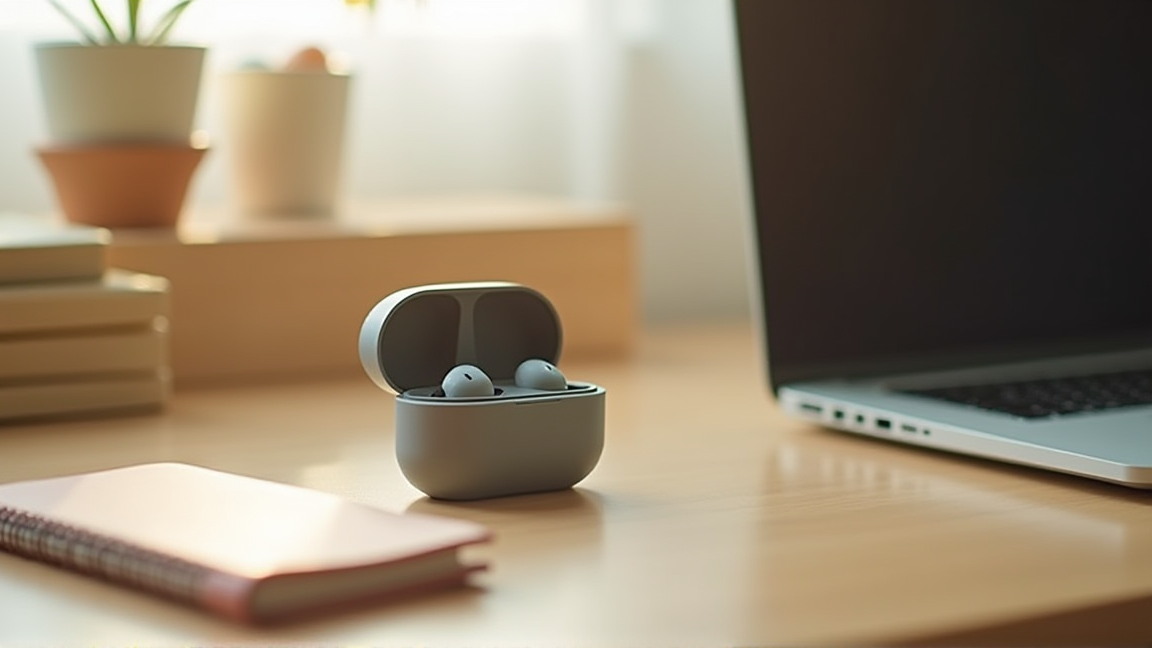 きれいに整理されたデスク上のワイヤレスオーディオ機器