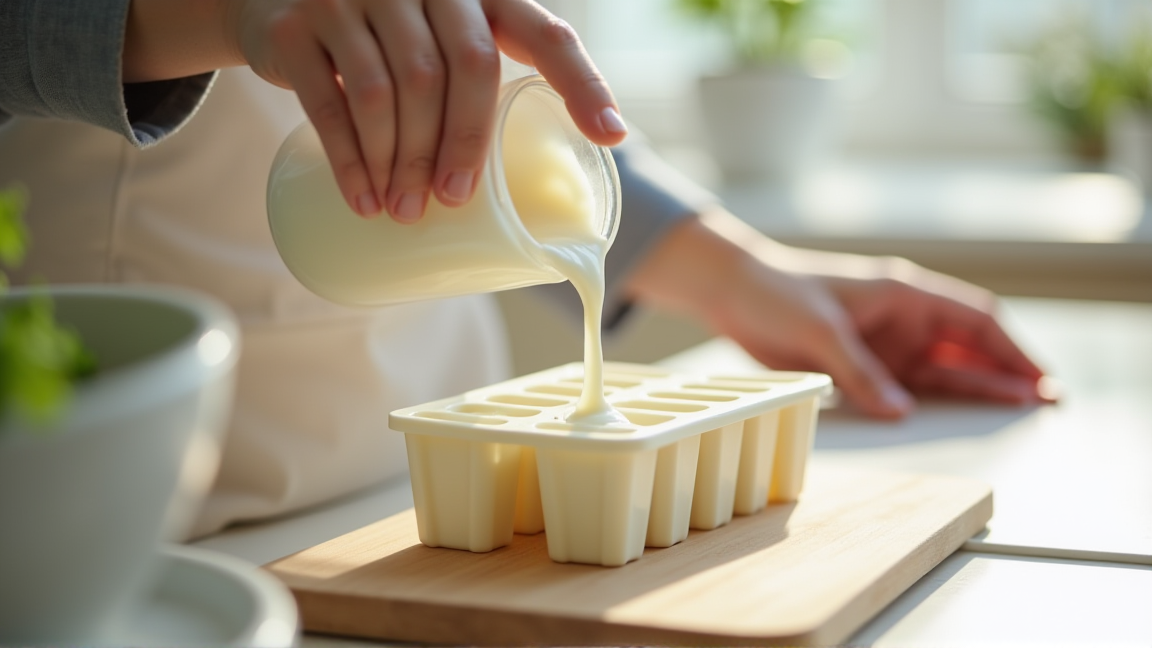 製氷皿に生クリームを注ぐ様子