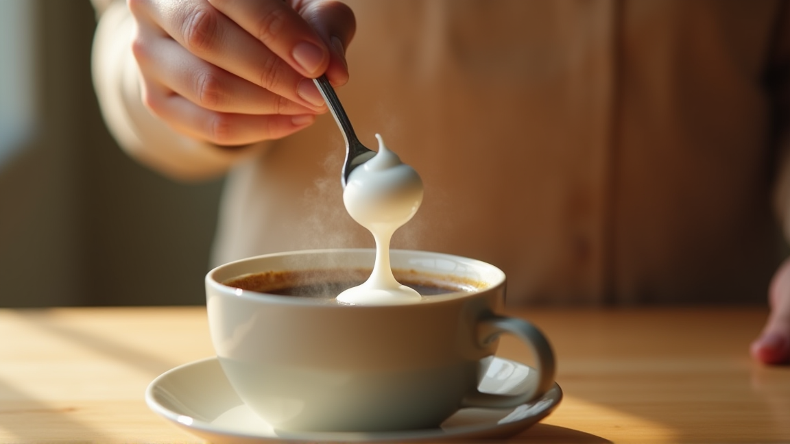 冷凍ホイップクリームをコーヒーに浮かべる様子