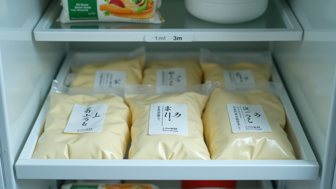冷凍庫に整理された食材と生クリームの保存袋