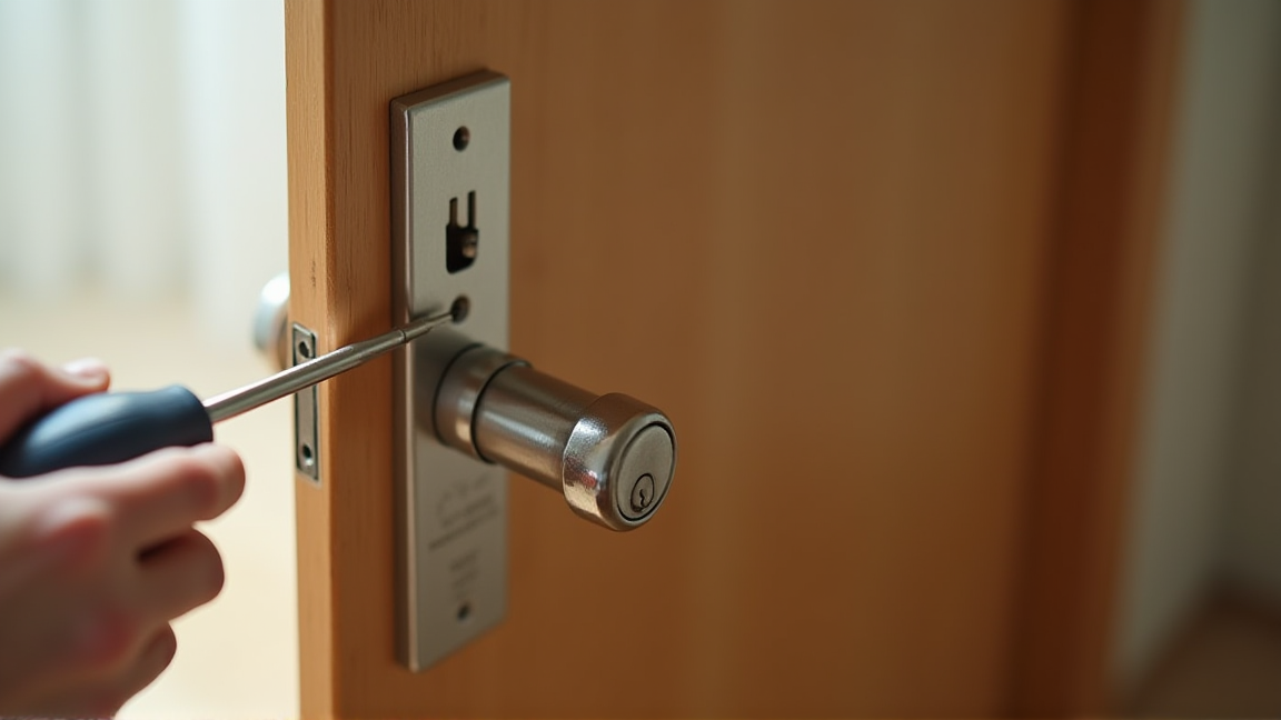 ドライバーでドアノブのネジを締め直す作業