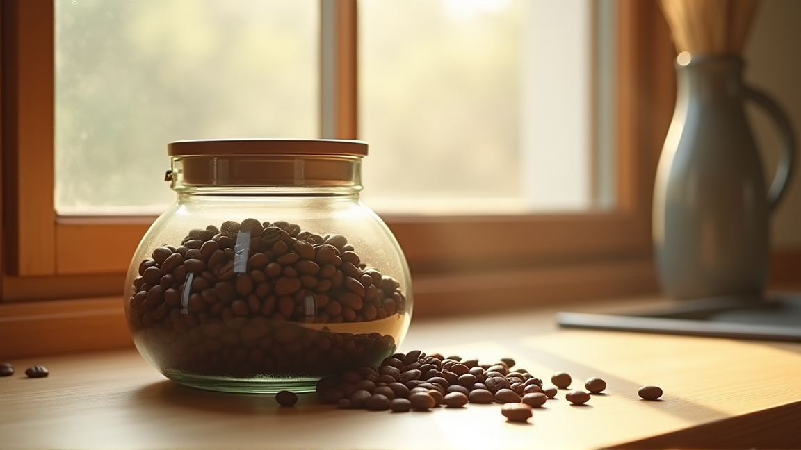 コーヒー豆と密閉保存容器がキッチンに並ぶ様子