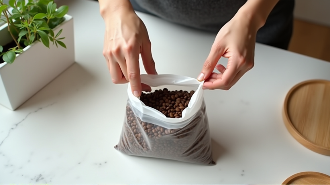 コーヒー豆をジッパー付き保存袋に小分けする手元