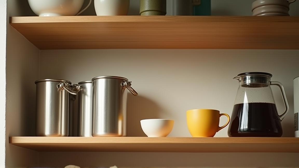 さまざまなコーヒー保存容器が並ぶ棚