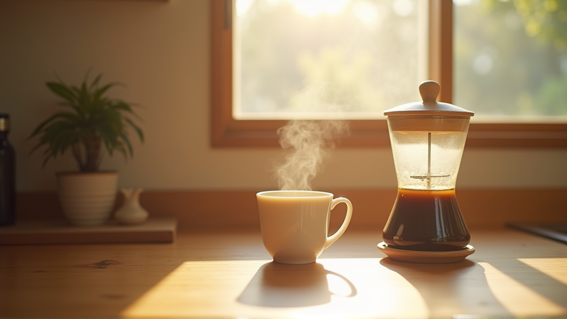 朝のキッチンで淹れたてのコーヒーと保存容器