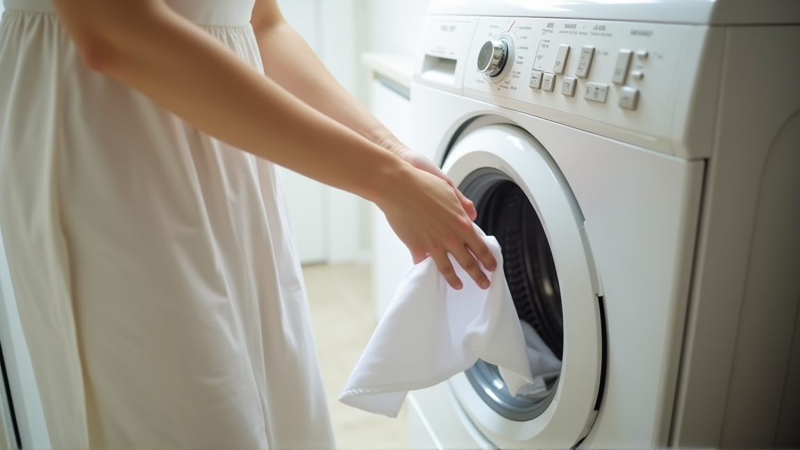 洗濯機にシーツを入れる手元