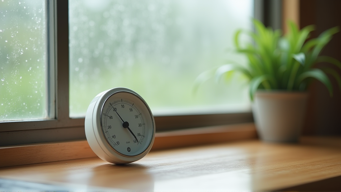 梅雨時期の湿度計が高湿度を示すキッチン