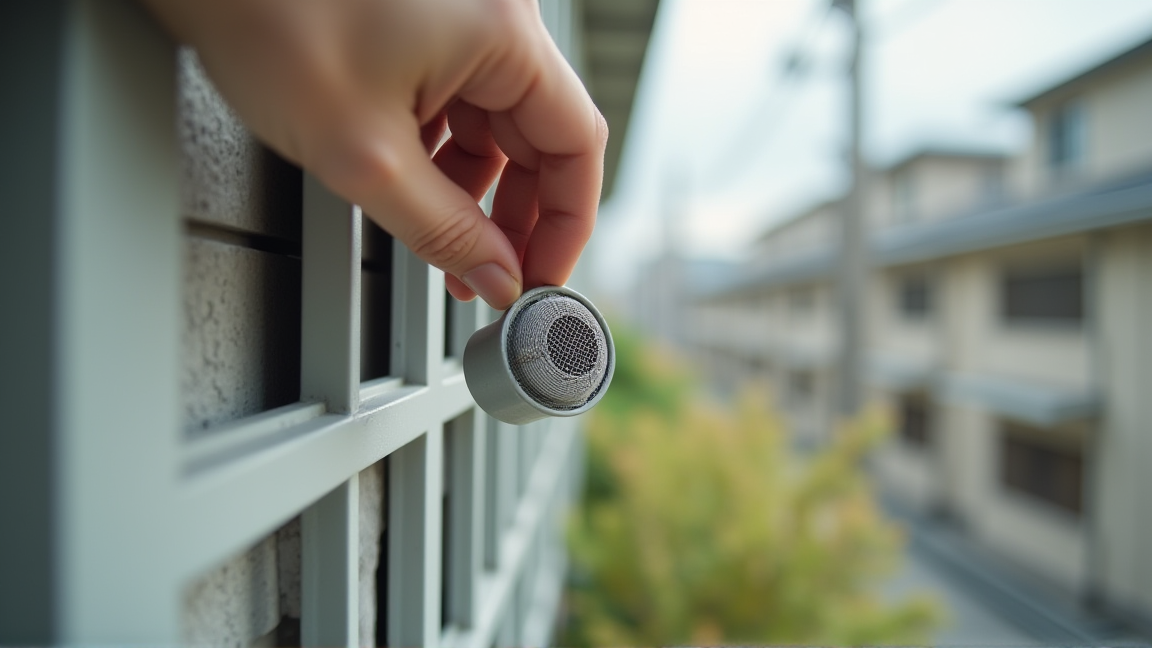 エアコンのドレンホースに防虫キャップを取り付ける様子