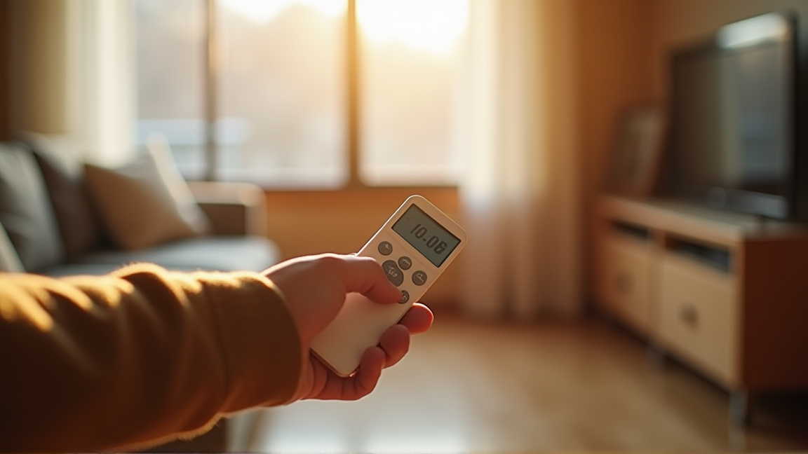 冬のリビングでエアコンのリモコンを操作する手元