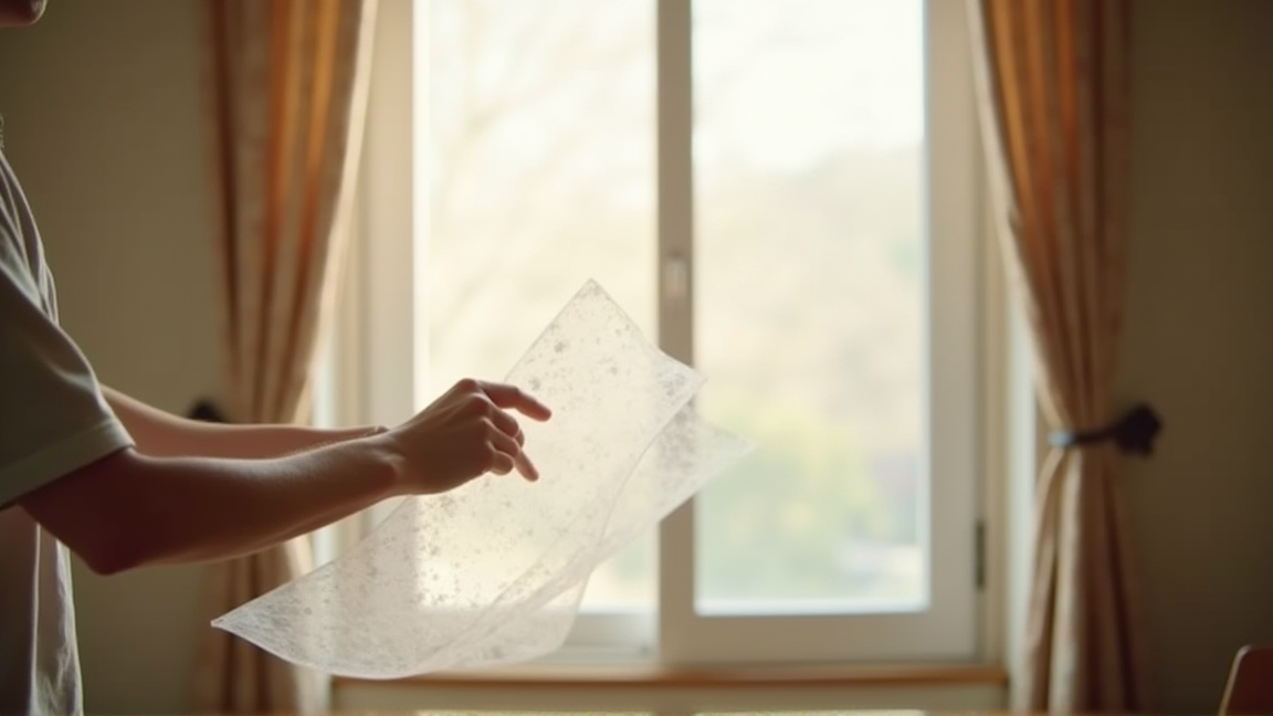 窓に断熱シートを貼っている様子