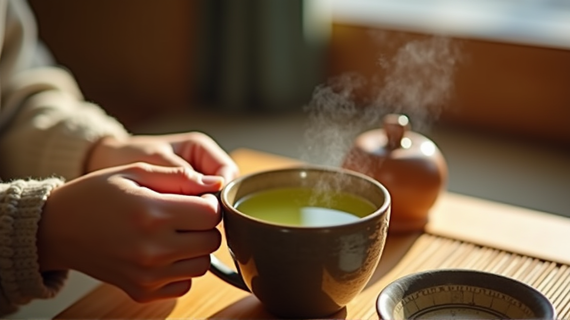 こたつに入りながらお茶を飲む手元