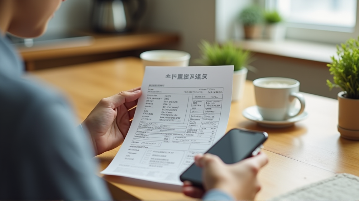 電気料金の検針票を見ながらスマホで料金プランを比較している手元