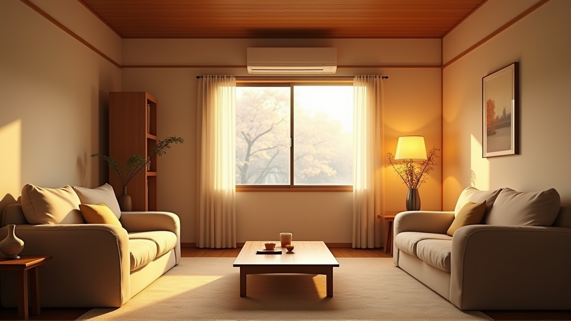 暖かそうなリビングの全景、エアコンとこたつが見える