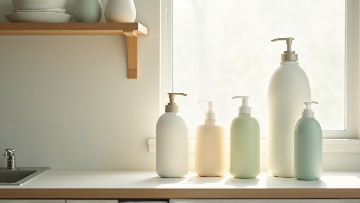 キッチンと洗面所に並ぶ各種洗剤ボトル