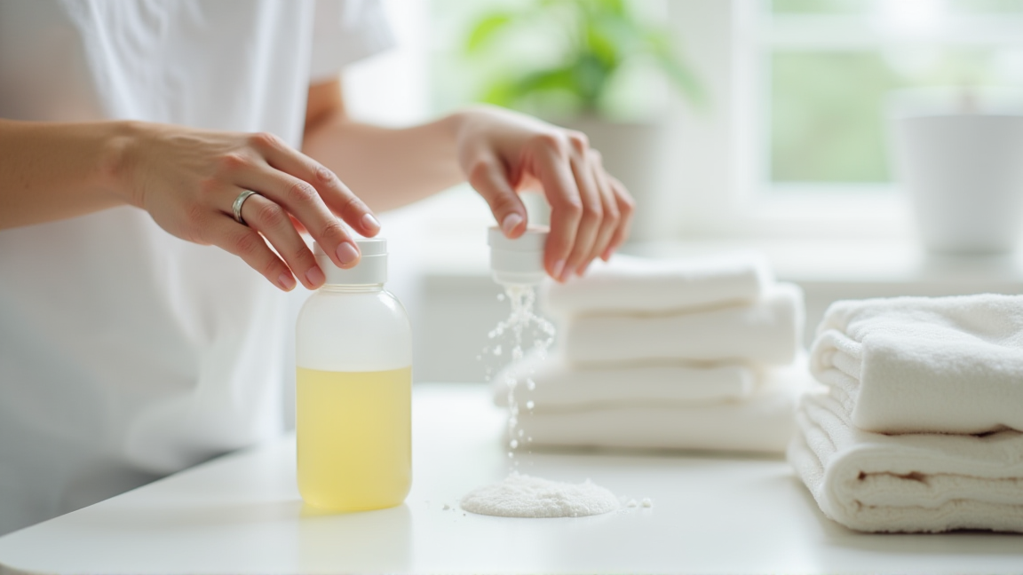 洗濯用洗剤のキャップで計量している手元