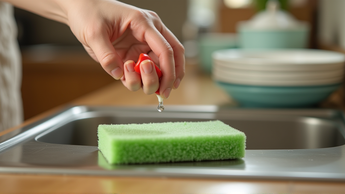 食器用洗剤を少量スポンジにつけている手元