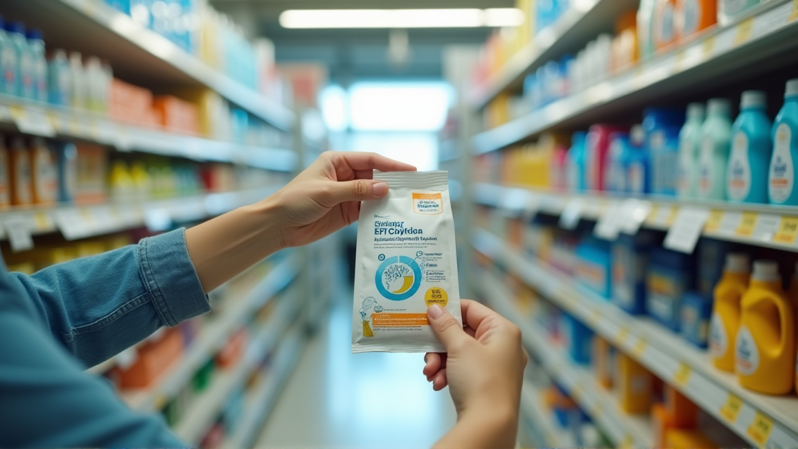 ドラッグストアの洗剤コーナーで詰め替え用パックを手に取る様子