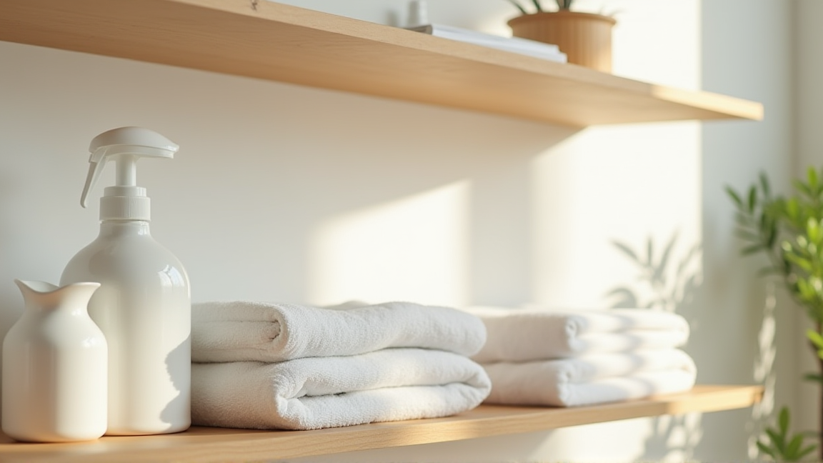 きれいに畳まれた洗濯物とランドリーボトル