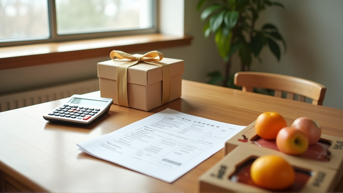 ふるさと納税の返礼品と電卓が並ぶテーブル