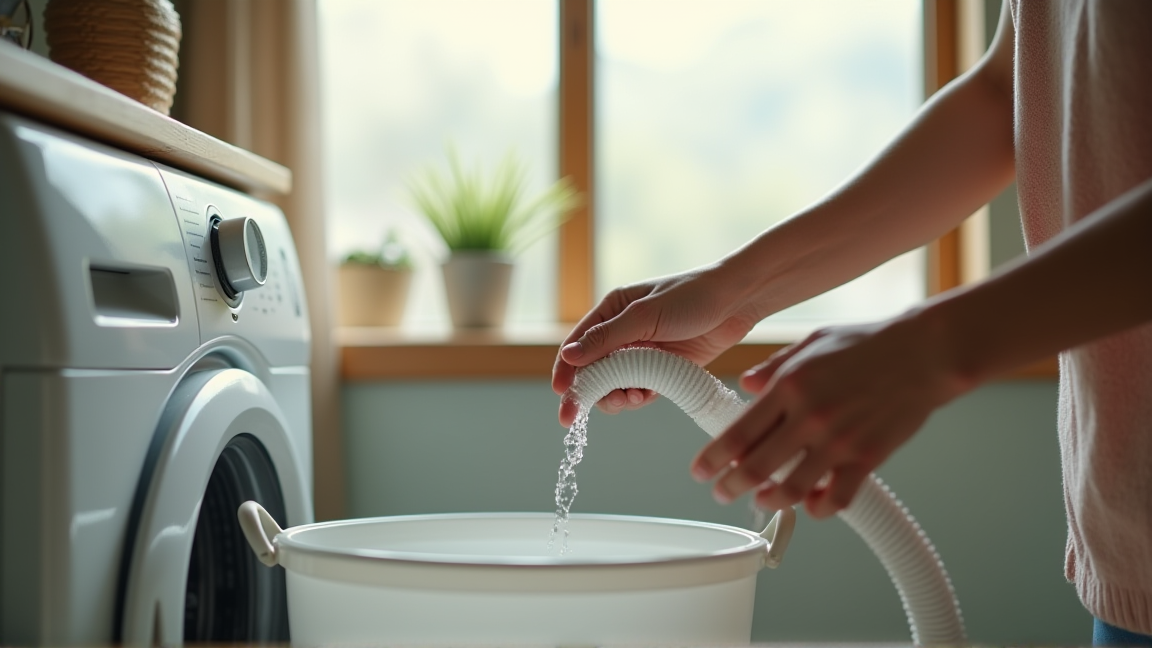 排水ホースを取り外して内部を掃除している手元