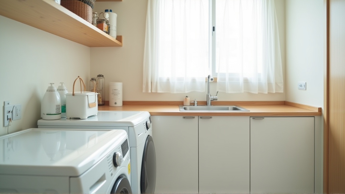 きれいに整頓された洗濯機まわりのランドリースペース