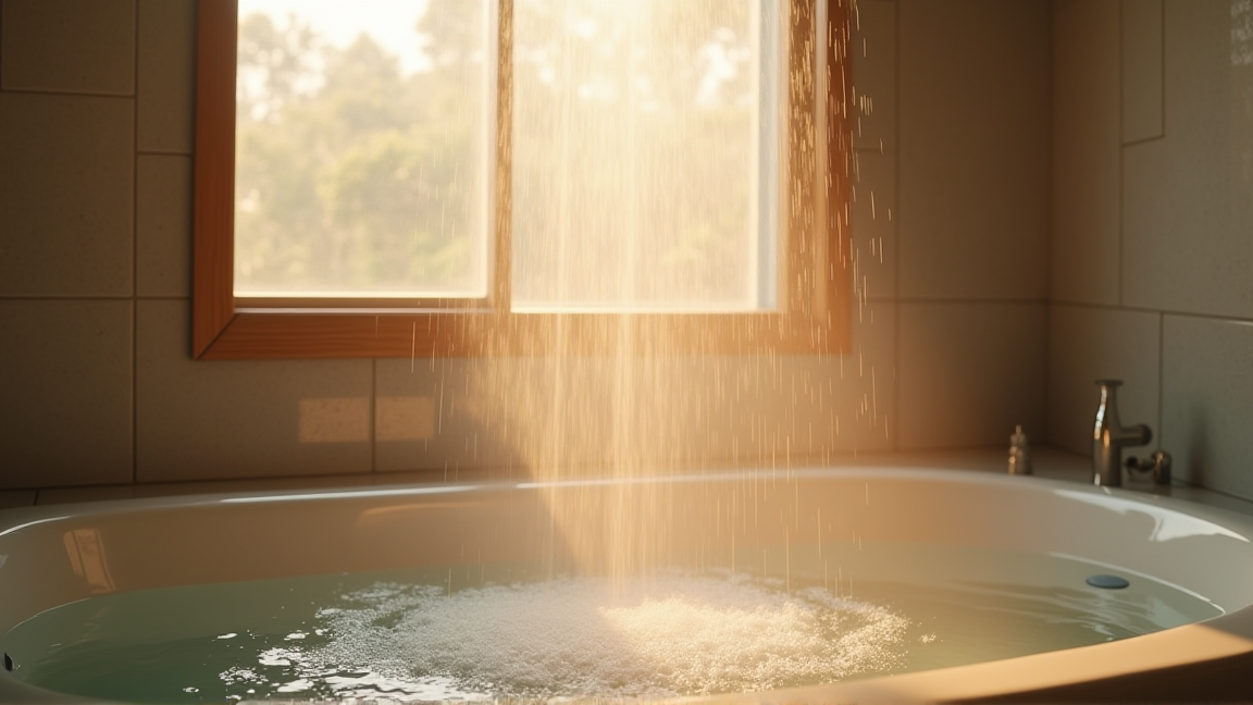 入浴前にシャワーで浴室を温めている様子