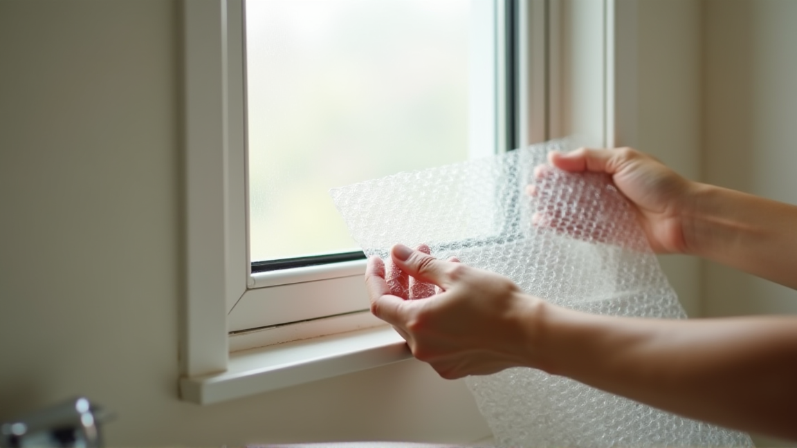 浴室の窓に断熱シートを貼っている手元