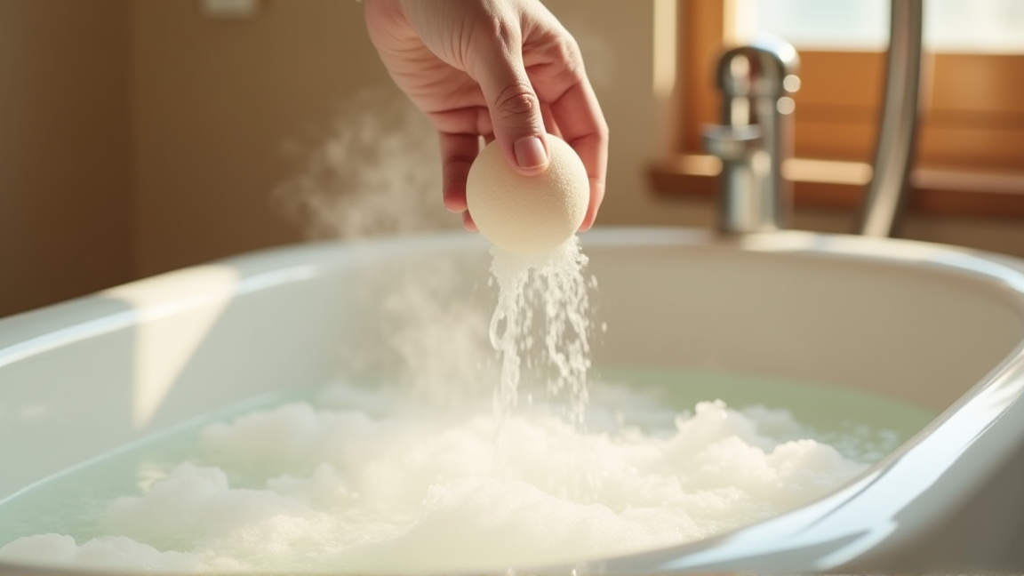 浴槽に炭酸入浴剤を入れている手元