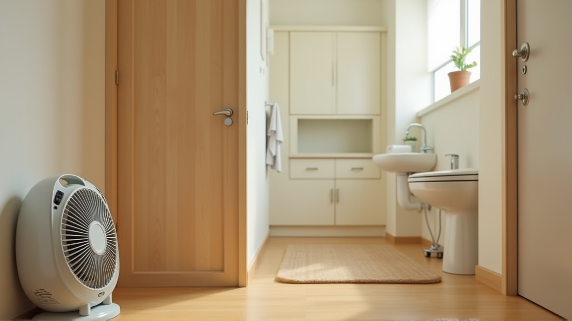 賃貸アパートの清潔な脱衣所にセラミックヒーターが置かれている様子