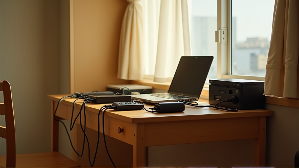 一人暮らしのワンルームのコンセント周りに複数の家電が接続されている様子