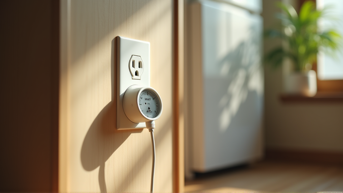 ワットチェッカーをコンセントに差して家電の消費電力を測定している手元