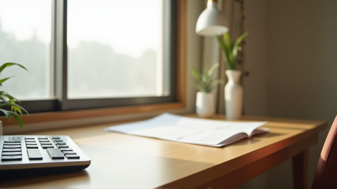 明るい窓際のデスクに電卓と電気料金の明細書が置かれている一人暮らしの部屋