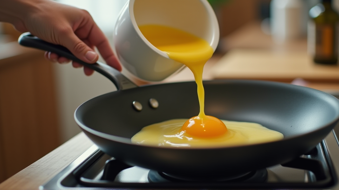 キッチンでフライパンに卵を流し入れる直前の手元