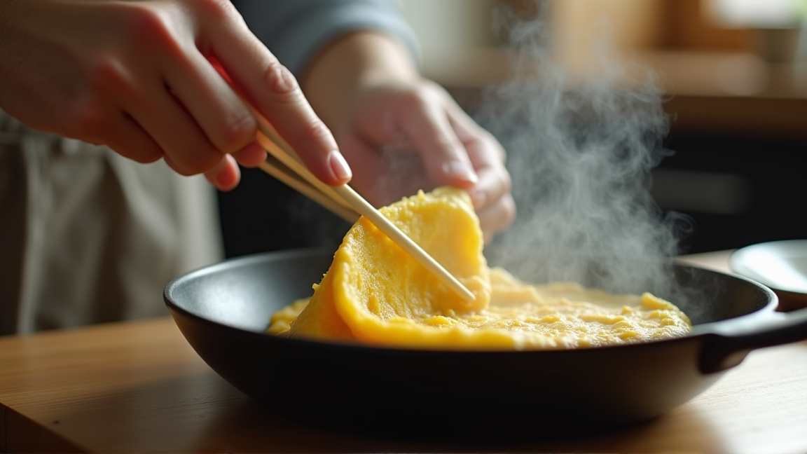 フライパンの上で半熟状態のオムレツを巻いている途中の手元