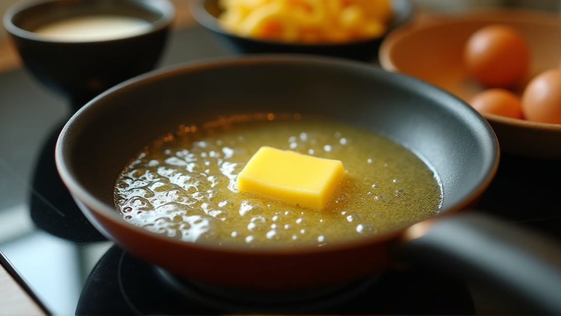 バターが溶けて泡立っている小さなフライパンの接写