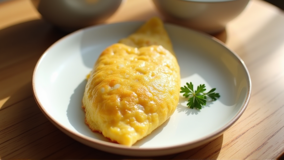 完成したふわとろオムレツが白い皿に盛り付けられている様子