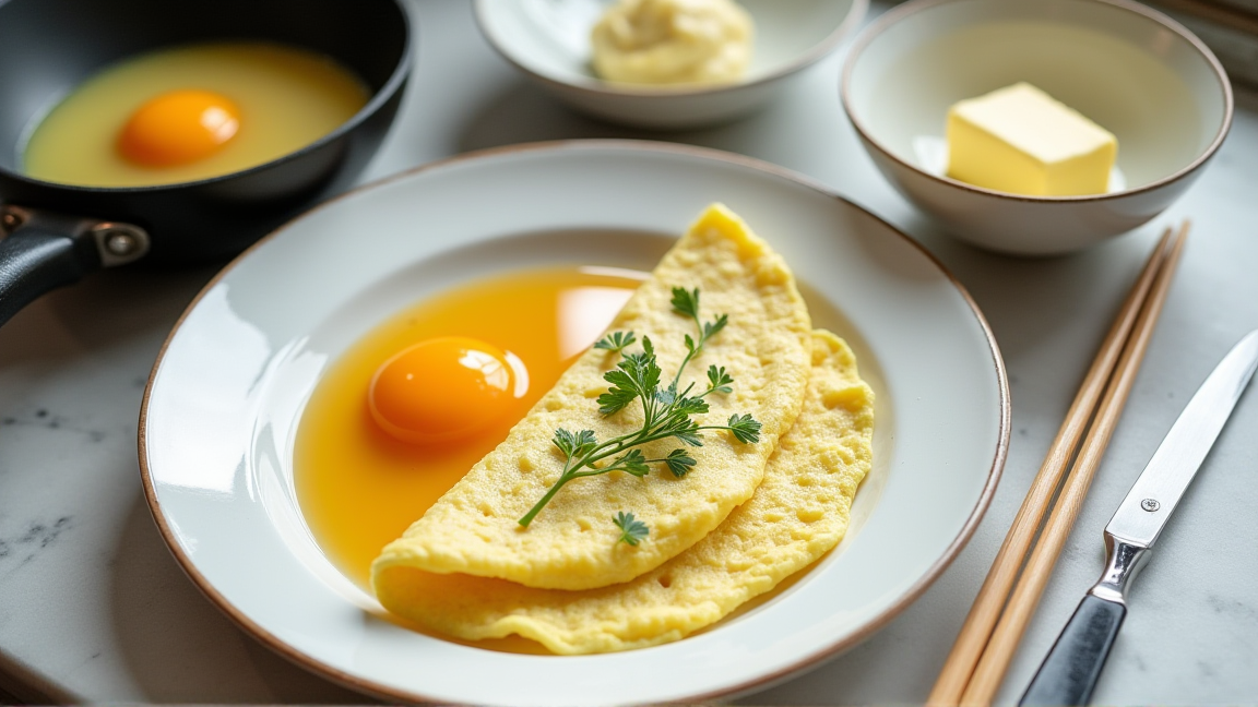 キッチンに並ぶ卵・バター・フライパンなどオムレツの材料と道具