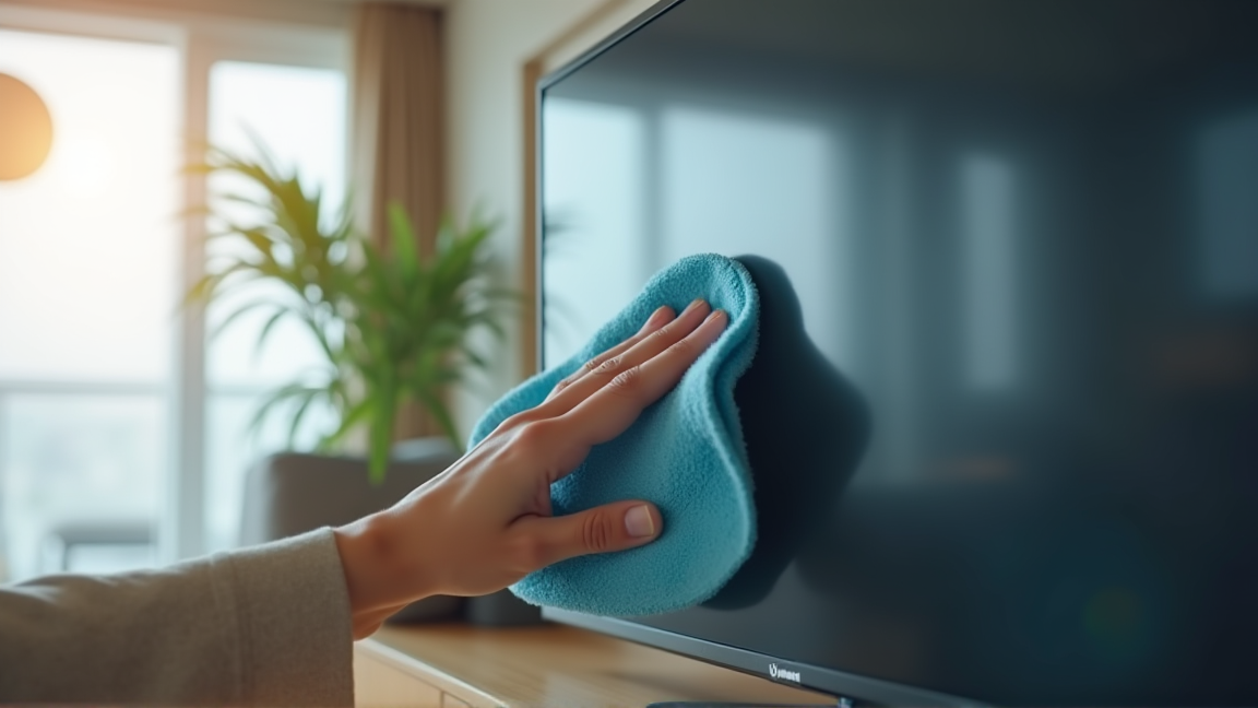 マイクロファイバークロスでテレビ画面を拭いている手元
