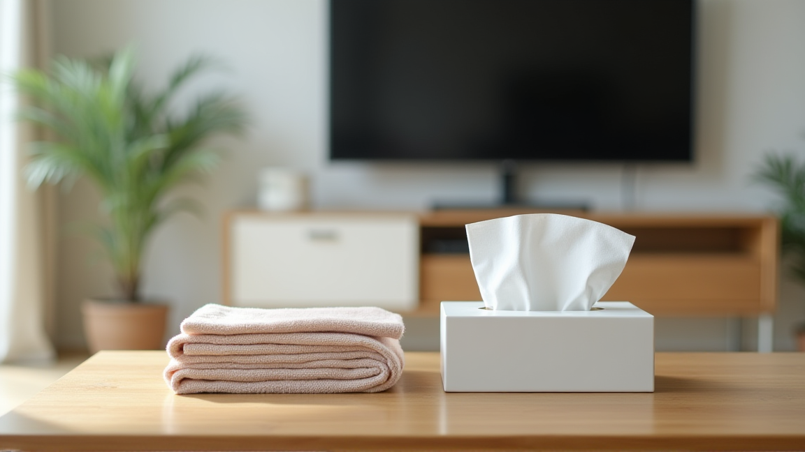 テレビ画面の前にティッシュとマイクロファイバークロスが並んでいる比較イメージ