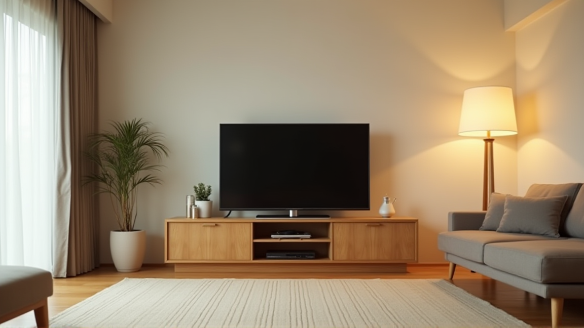 きれいに掃除されたリビングのテレビ周りの全景