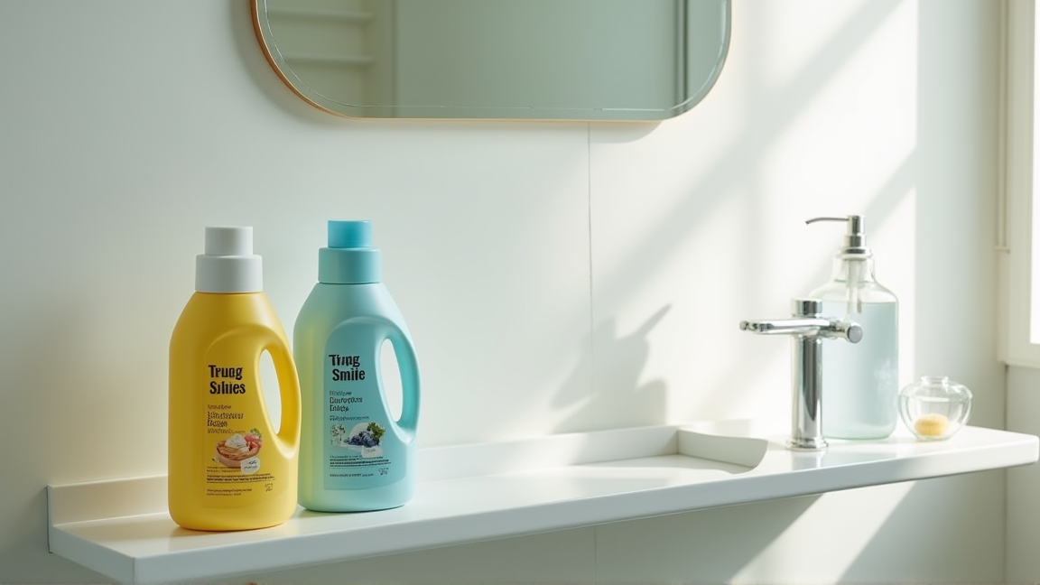 おしゃれ着洗剤とデニム専用洗剤がバスルームの棚に並んでいる様子