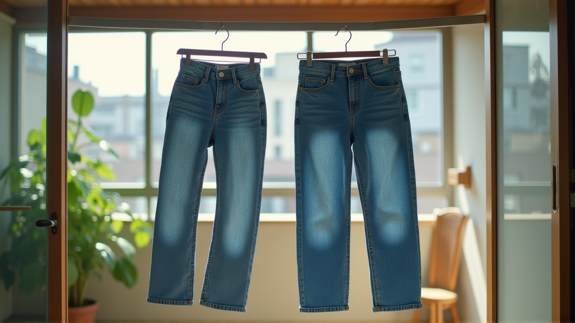 ベランダの日陰で裏返したジーンズを筒状に干している様子