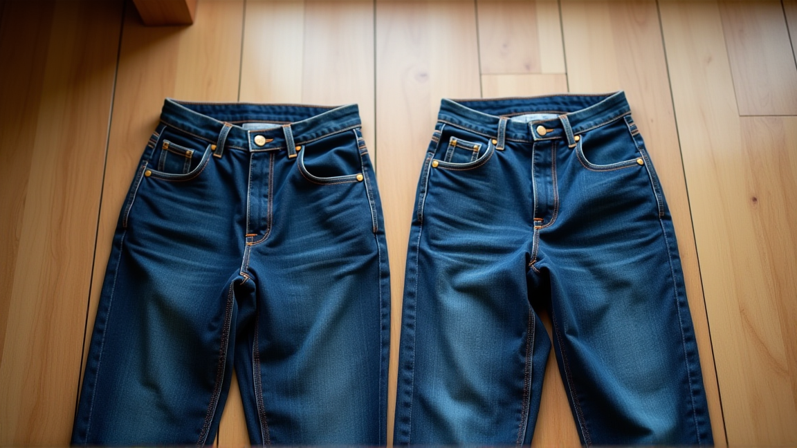 色の濃いジーンズと色落ちしたジーンズが並んで置かれている比較写真