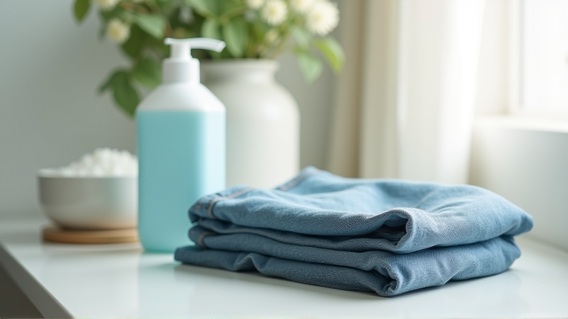 畳んだジーンズとおしゃれ着洗剤が洗面台に並んでいる様子