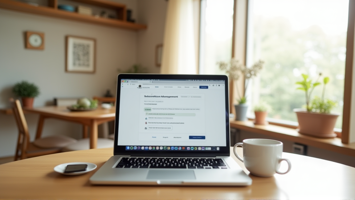 ノートPCの画面にサブスクリプション管理画面が表示されている様子