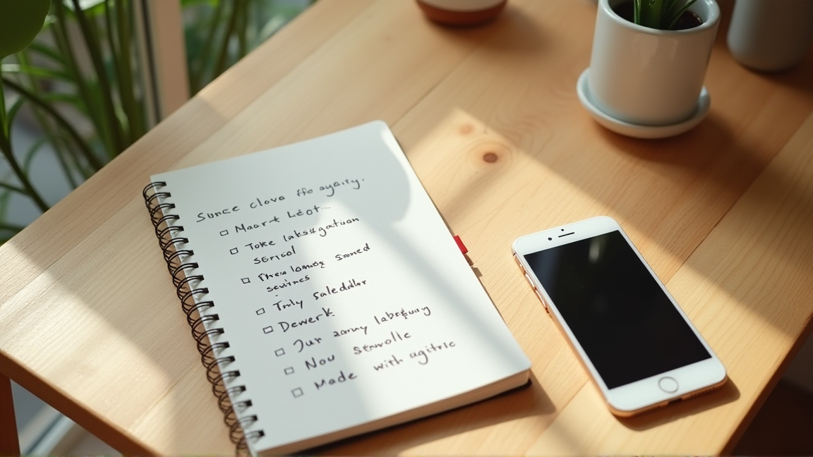 テーブルの上にスマートフォンとメモ帳があり、サブスク一覧を書き出している様子