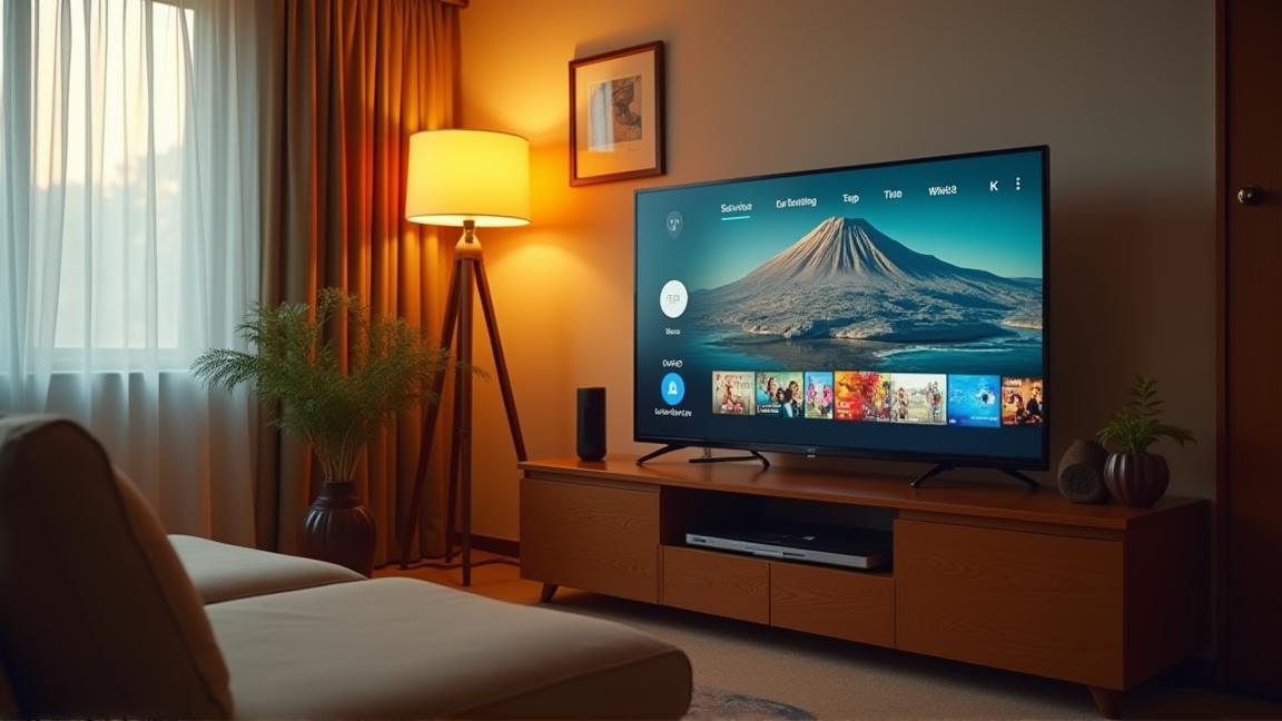 リビングのテレビにストリーミングサービスのホーム画面が映っている様子